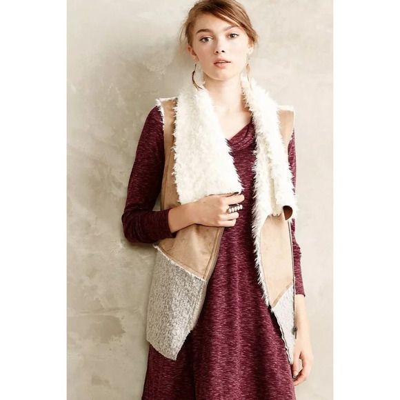 Anthropologie Saturday Sunday White & Tan Sherpa Faux Suede Moto Vest Size S - Picture 1 of 16